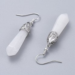 White Jade Natural White Jade Dangle Earrings, with Platinum Plated Alloy Findings, Bullet, 48mm, Pin: 0.5mm