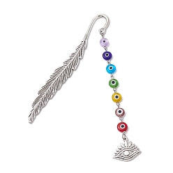 Colorful Handmade Lampwork Evil Eye Beaded Pendant Bookmarks, Alloy Feather Bookmark, Colorful, Bookmark: 115x13x3mm