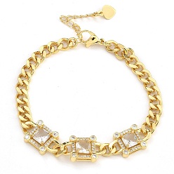 Прозрачный Латунь микро проложить кубические циркониевые браслеты, со стеклом, реальный 18 k позолоченный, квадратный, прозрачные, 7-1/8 дюйм (18.1 см)