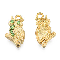 Golden 304 Stainless Steel Pendants, with Peridot Rhinestone, Owl, Golden, 20x11x3mm, Hole: 1.6mm