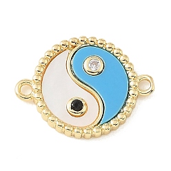 Sky Blue Brass Clear Cubic Zirconia & Natural White Shell & Resin Connector Charms, Flat Round with Yin-yang Links, Rack Plating, Long-Lasting Plated, Cadmium Free & Lead Free, Real 18K Gold Plated, Sky Blue, 16x22x2.5mm, Hole: 1.5mm