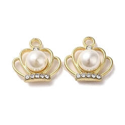 Golden Alloy with Rhinestone Pendants, with ABS Imitation Pearl, Crown Charms, Golden, 17x17x9mm, Hole: 2.2mm