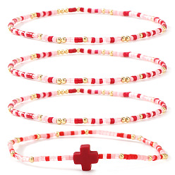 Красный 4шт. винтажные цилиндрические браслеты из бисера и латунных бусин, с пластиковым крестом, золотые, красные