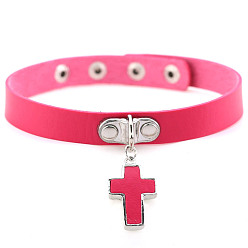 Deep Pink PU Leather Adjustable Choker Necklace, Alloy Cross Pendant Necklace with Stainless Steel Snap Buttons for Women, Deep Pink, 15.75 inch(40cm)