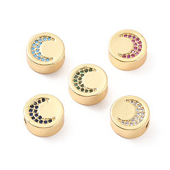 Mixed Color Rack Plating Brass Micro Pave Cubic Zirconia Beads, Cadmium Free & Lead Free, Real 18K Gold Plated, Flat Round with Moon Pattern, Mixed Color, 11x5mm, Hole: 2mm