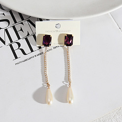 purple Luxury Long Gold-Plated Silver Earrings with K9 Glass Gemstone Chain