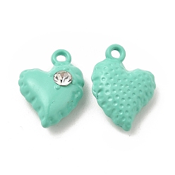 Turquoise Spray Painted Alloy Pendants, with Rhinestone, Heart Charm, Turquoise, 14x10x5mm, Hole: 1.2mm