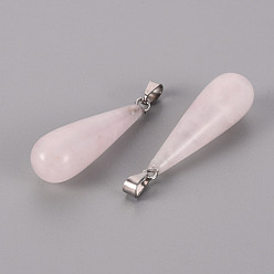 Rose Quartz Natural Rose Quartz Pendants, with Stainless Steel Snap On Bails, Teardrop, Stainless Steel Color, 33~36x10mm, Hole: 3x4mm