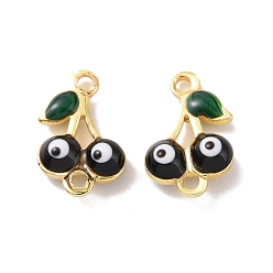 Black Brass Enamel Connector Charms, Real 18K Gold Plated, Cherry with Evil Eye Pattern, Black, 7.5x11.5x3mm, Hole: 1.2mm