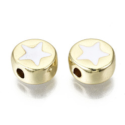 White Alloy Enamel Beads, Cadmium Free & Lead Free, Flat Round with Star, Light Gold, White, 8x4mm, Hole: 1.5mm