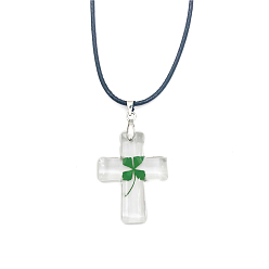 Cross Resin with Clover Pendant Necklace with Waxed Cotton Cord for Women, Cross Pattern, Pendant: 10~35mm