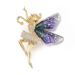 Medium Purple Resin Fairy Lapel Pin with Clear Cubic Zirconia, Real 18K Gold Plated Brass Badge with Loop for Jewelry Pendant, Cadmium Free & Lead Free, Medium Purple, 38x53x6.5mm