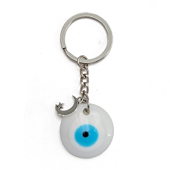 White Alloy Keychains, with Plastic Flat Round Evil Eye Pendants, White, 8.5x3cm