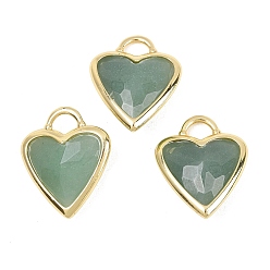 Зеленый Авантюрин Граненые подвески из натурального зеленого авантюрина, Подвески в форме сердца из латуни с драгоценными камнями в оправе, золотые, 22x18.5~19x7 мм, отверстие : 5x4 мм