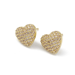 Bisque Heart Brass Cubic Zirconia Ear Studs for Women Men, Lead Free & Cadmium Free, Real 18K Gold Plated, Long-Lasting Plated, Bisque, 11x12x4mm, Pin: 0.8mm