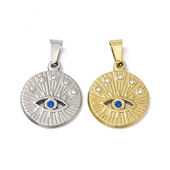 Mixed Color 304 Stainless Steel Pendants, with Rhinestone, Flat Round with Horse Eye, Mixed Color, 22x18.5x2mm, Hole: 6.5x3mm