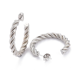 Stainless Steel Color 201 Stainless Steel Half Hoop Earrings, Hypoallergenic Earrings, with 304 Stainless Steel Pins and Ear Nut, Twisted, Textured, Ring, Stainless Steel Color, 30.5x4mm, Pin: 0.5mm