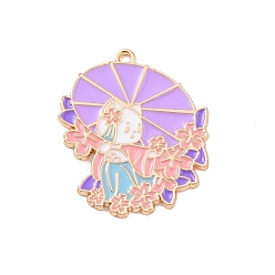 Лиловый Подвески из эмали и сплава, золотые, кошка с зонтиком, сирень, 32.5x28x1.5 мм, отверстие : 2 мм