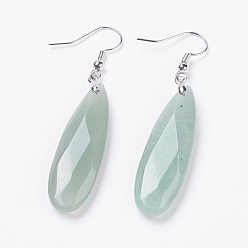 Green Aventurine Natural Green Aventurine Dangle Earrings, with Platinum Tone Brass Findings, teardrop, Faceted, 58~60mm, Pin: 0.7mm