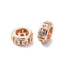 Розовое Золото Покрытие стойки латунь микропаве прозрачные кубические циркониевые бусины, долговечный, без свинца и без кадмия, плоско-круглые, розовое золото , 8x3.5 мм, отверстие : 1.2 мм