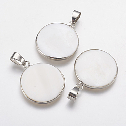 White Shell Natural White Shell Mother of Pearl Shell Pendants, with Platinum Tone Brass Findings, Flat Round, 24~27x20~23x2.5mm, Hole: 4x7mm