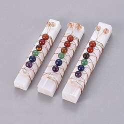 Mixed Stone Chakra Jewelry, Natural Selenite Home Decorations, Energy Wands, for Meditation Yoga and Balancing, with Brass Wire Wrapped and Natural Gemstone Round Beads, Rectangle, 75~95x10~15x7~14mm