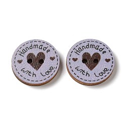 Thistle 2-Hole Printed Wood Buttons, Flat Round with Heart & Word Love, Thistle, 20x3mm, Hole: 2mm