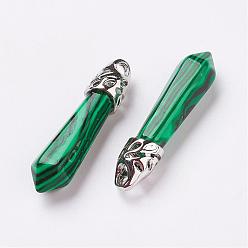 Malachite Synthetic Malachite Pointed Pendants, with Platinum Tone Alloy Findings, Bullet, 33~40x8~9x8~9mm, Hole: 3x4mm