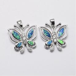 Platinum Brass Micro Pave Cubic Zirconia Pendants, with Synthetic Opal, Butterfly, Cadmium Free & Lead Free, Platinum, 24x23x4mm, Hole: 3x5mm