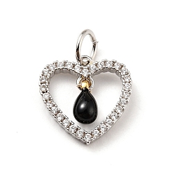 Black Rack Plating Brass Micro Pave Cubic Zirconia Pendants, with Enamel and Jump Ring, Long-Lasting Plated, Platinum, Heart, Cadmium Free & Nickel Free & Lead Free, Black, 12.5x12x1.5~3mm, Jump Ring: 5x0.7mm, Hole: 3.4mm