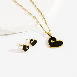 Black Stainless Steel Enamel Stud Earrings & Necklaces Sets, Heart, Black, 17.7 inch(45cm)