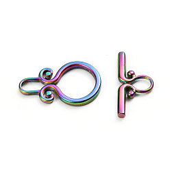 Rainbow Color Ion Plating(IP) 304 Stainless Steel Toggle Clasps, Rainbow Color, Ring: 22.5x15x2mm, Hole: 6mm, Inner Diameter: 6x3.5mm, Bar: 22x10x2mm, Hole: 5x4mm