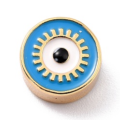 Deep Sky Blue Real 18K Gold Plated Brass Beads, with Enamel, Long-Lasting Plated, Flat Round with Evil Eye, Deep Sky Blue, 11.5x6mm, Hole: 2.5mm