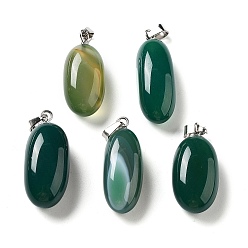 Dark Green Natural Agate Dyed Pendants, Oval Charms with Stainless Steel Color Plated Stainless Steel Snap on Bails, Dark Green, 21~32x9.5~16.5x10.5x7.5~12.5mm, Hole: 6x3mm