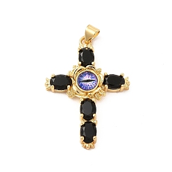 Black Rack Plating Brass Pendants, with Glass Cubic Zirconia, Resin Eye, Religion Cross Charm, Cadmium Free & Lead Free, Long-Lasting Plated, Real 18K Gold Plated, Black, 38x27x5mm, Hole: 5x3mm