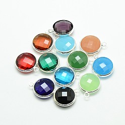Mixed Color Silver Color Plated Brass Glass Pendants, Flat Round, Mixed Color, 14x11x5mm, Hole: 2mm