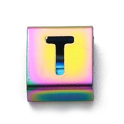 Letter T Ионное покрытие (ip) 304 квадратные подвески-слайдеры из нержавеющей стали, Радуга цветов, Письмо T, 9x8x4 мм, отверстие : 3.5x8.5 мм