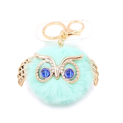 Light Cyan Cute Pompom Fluffy Owl Pendant Keychain, with Alloy Findings, for Woman Handbag Car Key Backpack Pendants, Light Cyan, 12x9cm