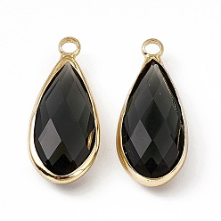 Hematite K9 Glass Pendants, Teardrop Charms, Faceted, with Light Gold Tone Brass Edge, Hematite, 24.5x10.5x5.5mm, Hole: 2.3mm
