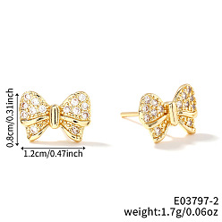 Золотой Латунные серьги-гвоздики с бантом, с четким кубического циркония, золотые, 8x12 мм