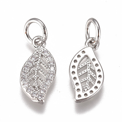 Platinum Brass Micro Pave Cubic Zirconia Charms, with Jump Ring, Long-Lasting Plated, Leaf, Clear, Real Platinum Plated, 13x6x1mm, Hole: 3mm