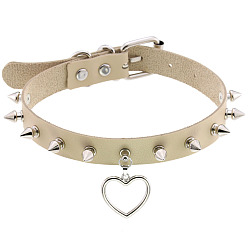 milky white Punk Rivet Spike Lock Collar Chain Necklace with Soft Girl Peach Heart Pendant