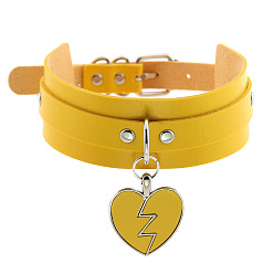 Yellow Rocking Heart Pendant Collar with Double-layer Leather Chain and Lock Clavicle Necklace