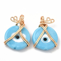 Light Sky Blue Wire Wrapped Handmade Lampwork Pendants, with Copper Findings, Real 18K Gold Plated, Long-Lasting Plated, Flat Round with Evil Eye, Light Sky Blue, 25x18x7mm, Hole: 2.9mm