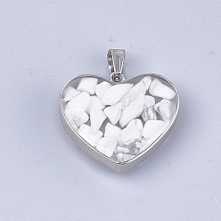 Howlite Natural Howlite Pendants, with Glass and 304 Stainless Steel Findings, Heart, Stainless Steel Color, 19x21x6mm, Hole: 3x5.5mm