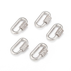 Real Platinum Plated Brass Micro Pave Cubic Zirconia Screw Carabiner Lock Charms, for Necklaces Making, Long-Lasting Plated, Oval, Clear, Real Platinum Plated, 17.1x10.5x2mm