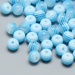 Deep Sky Blue Transparent Stripe Resin Beads, Round, Deep Sky Blue, 6mm, Hole: 1mm