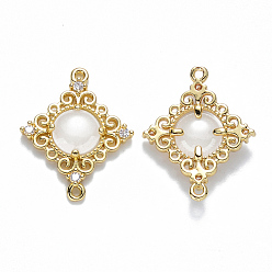 Creamy White Glass Links connectors, with Eco-Friendly Alloy Open Back Berzel Findings and Clear Cubic Zirconia, Rhombus, Nickel Free, Light Gold, Creamy White, 23.5x19x4.5mm, Hole: 1.2mm