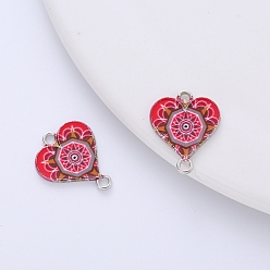 Crimson Valentine's Day Theme Alloy Enamel Connector Charms, Platinum, Heart with Flower Pattern, Crimson, 20x17mm, Hole: 2mm