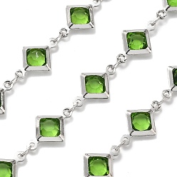 Зеленый лайм Латунные стеклянные ромбовидные цепи, с катушкой, долговечный, пайки, без свинца и без кадмия, стойки покрытие, платина, зеленый лайм, 15x9x2.5 мм